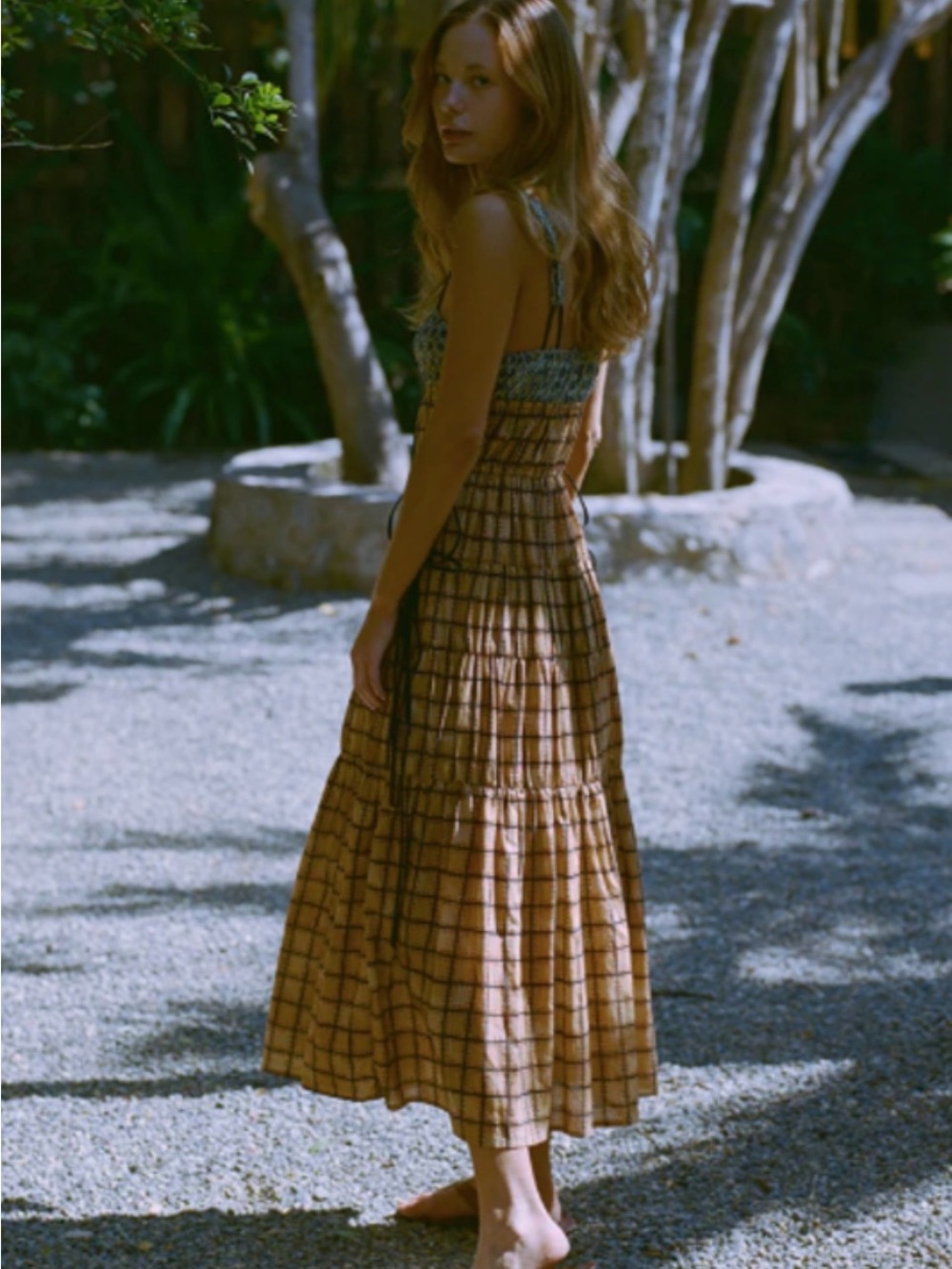 Ciao Lucia Brown Grid Midi Dress with Patterned Bodice - Picture 3 of 5